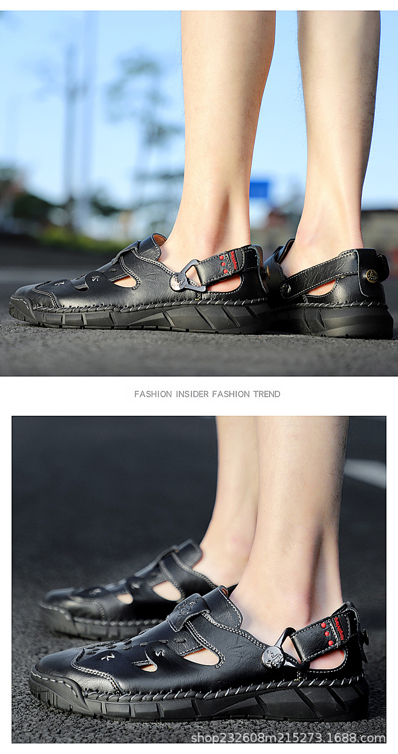 Cross-border genuine leather men's breathable large size 50 sandals, men's 49 massage sole, foreign trade cowhide beach shoes, casual men's slippers undefined