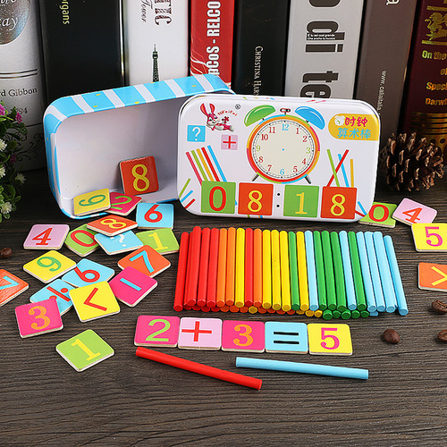 Iron box with counting rods for children's math teaching tools, kindergarten children's addition and subtraction toys, colorful wooden sticks arithmetic magic tool