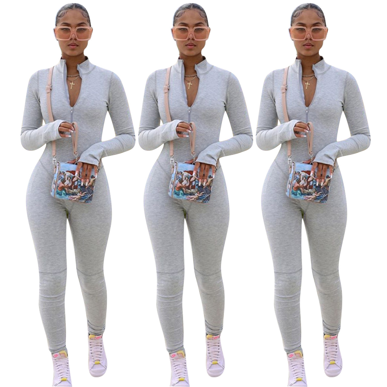 Solid Color Fleece Long Sleeve Sports Jumpsuit NSYDF73573