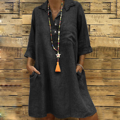 Loose Version Solid Color Pattern Summer, Spring Season Wholesale Women'S Streetwear Patchwork Solid Color Holiday Street Shirt Collar 3/4 Length Sleeve Shirt Dress