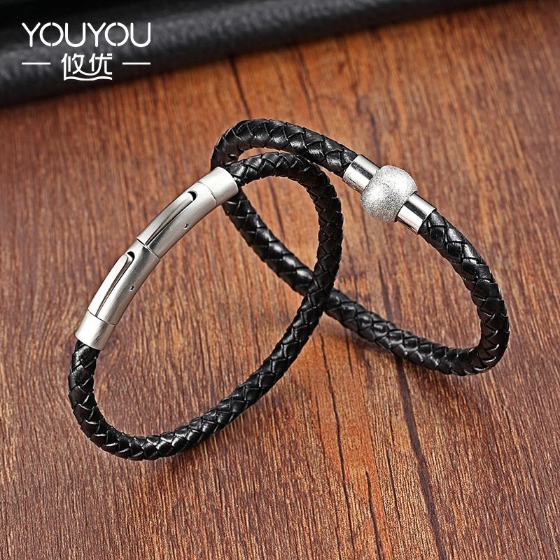 Hot Sale Men's Woven Bracelet Leather Bracelet Stainless Steel Magnetic Buckle Leather Rope Bracelet Couple's Bracelet