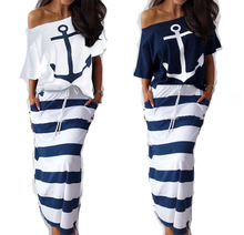 9543#2019亚马逊eBay海军风休闲船锚印花短袖T恤+半身裙套装