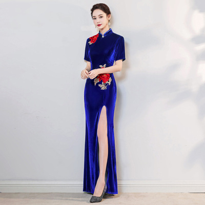 Chinese Dress Qipao for women cheongsam Cheongsam blue long sleeve cashmere cheongsam show show performance banquet embroidered cheongsam