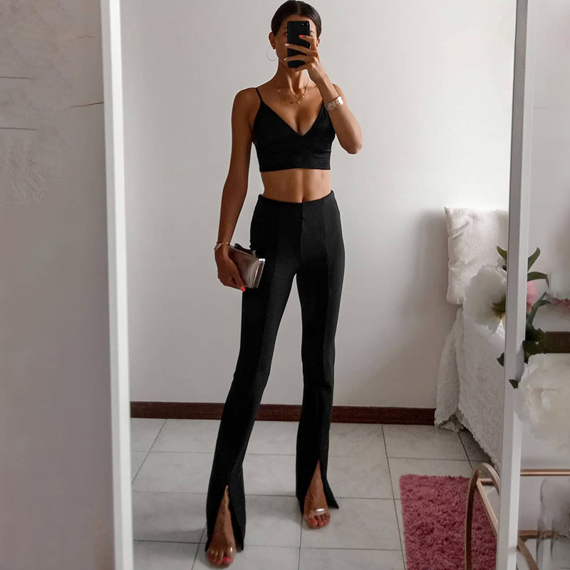 Solid Color Slim Zipper Slit Slim Trousers NSAFS102726