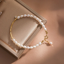 天然小米粒淡水強光珍珠手鏈 14K包金水晶甜美氣質 金色珍珠手鏈