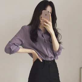 锁骨心机上衣韩版温柔风紫色雪纺衬衫女设计感女小众防晒衬衣2020