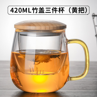 Taza de té de vidrio de borosilicato taza de agua de oficina para hombres y mujeres con tapa de bambú flor taza de té filtro de separación de té taza de té