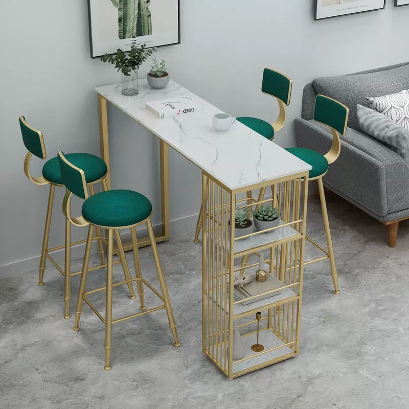 网红ins大理石吧台桌椅家用阳台小吧台金色墙边酒吧台长条高脚桌
