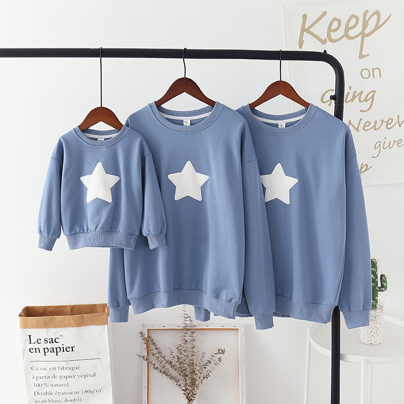 Star Parent-child Spring And Autumn Clothing,Family Of Three And Four,Stylish Mother-daughter Mother-son Blue Embroidered School Uniforms,Children's Studio Sweatshirts