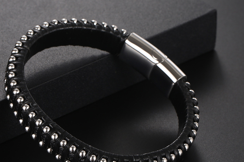 Leather Jewelry Stainless Steel Braided Leather Cord Cowhide Steel Ball Bracelet