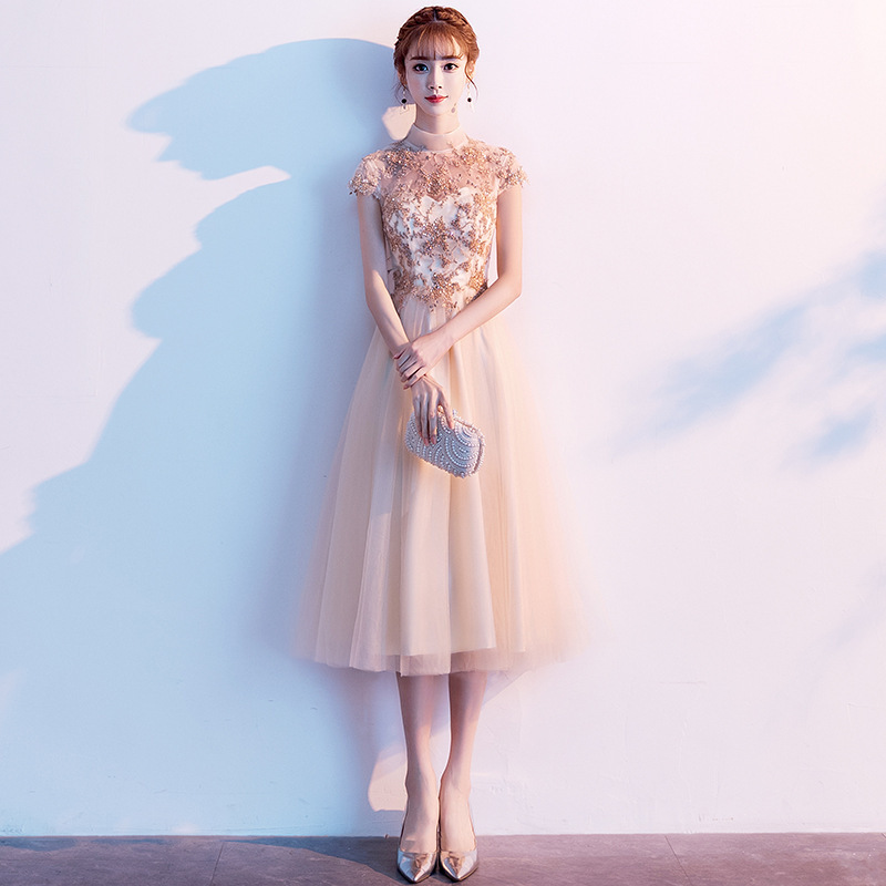 Golden Evening Dress Women's 2022 New Banquet Elegant Mid-length Fairy Hosts Annual Meeting Ball Dress Golden Evening Dress Women's 2022 New Banquet Elegant Mid-length Fairy Hosts Annual Meeting Ball Dress