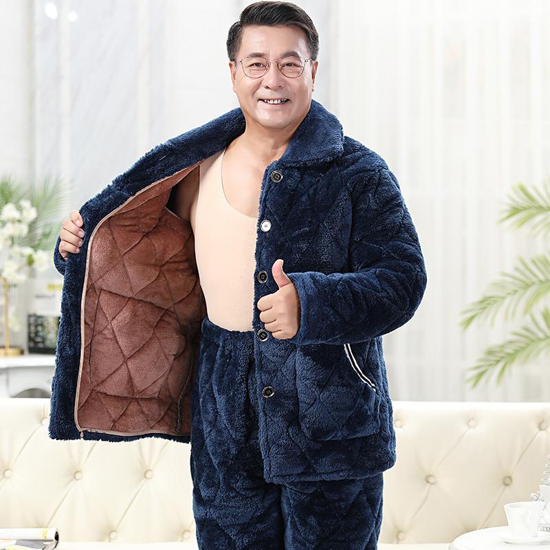 Middle and old age pajamas thickening Plush Coral Cotton clip keep warm the elderly dad Add fertilizer XL Home Furnishing