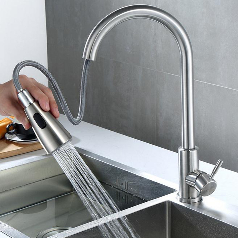 Pull-Down 304 Stainless Steel Kitchen Sink Faucet with Retractable Hot and Cold Spray Head for Washing Vegetables Pull-Down 304 Stainless Steel Kitchen Sink Faucet with Retractable Hot and Cold Spray Head for Washing Vegetables