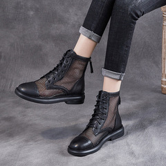 Leather mesh short boots for women, single boots 2022 spring and summer new style Martin boots, internet celebrity thin boots, mid-calf hollow mesh boots, trendy