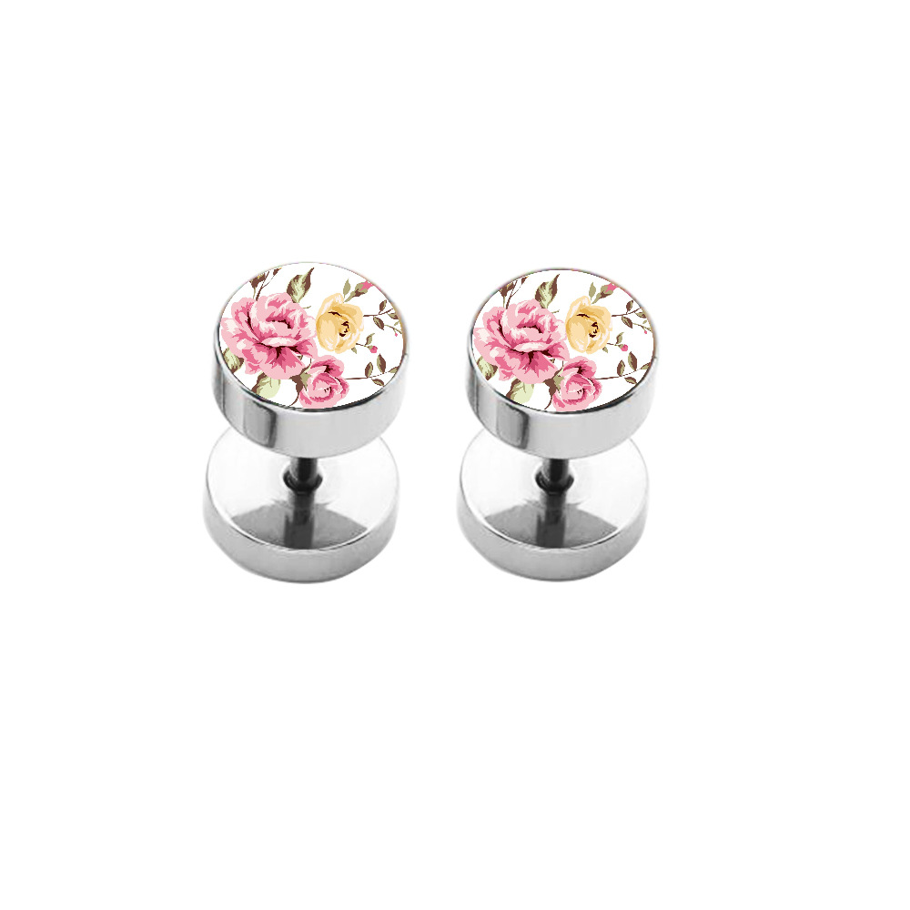 Korean Fashion Titanium Steel Pure Round Barbell Dumbbell Earrings Love Flower Design for Men and Women detail image 14