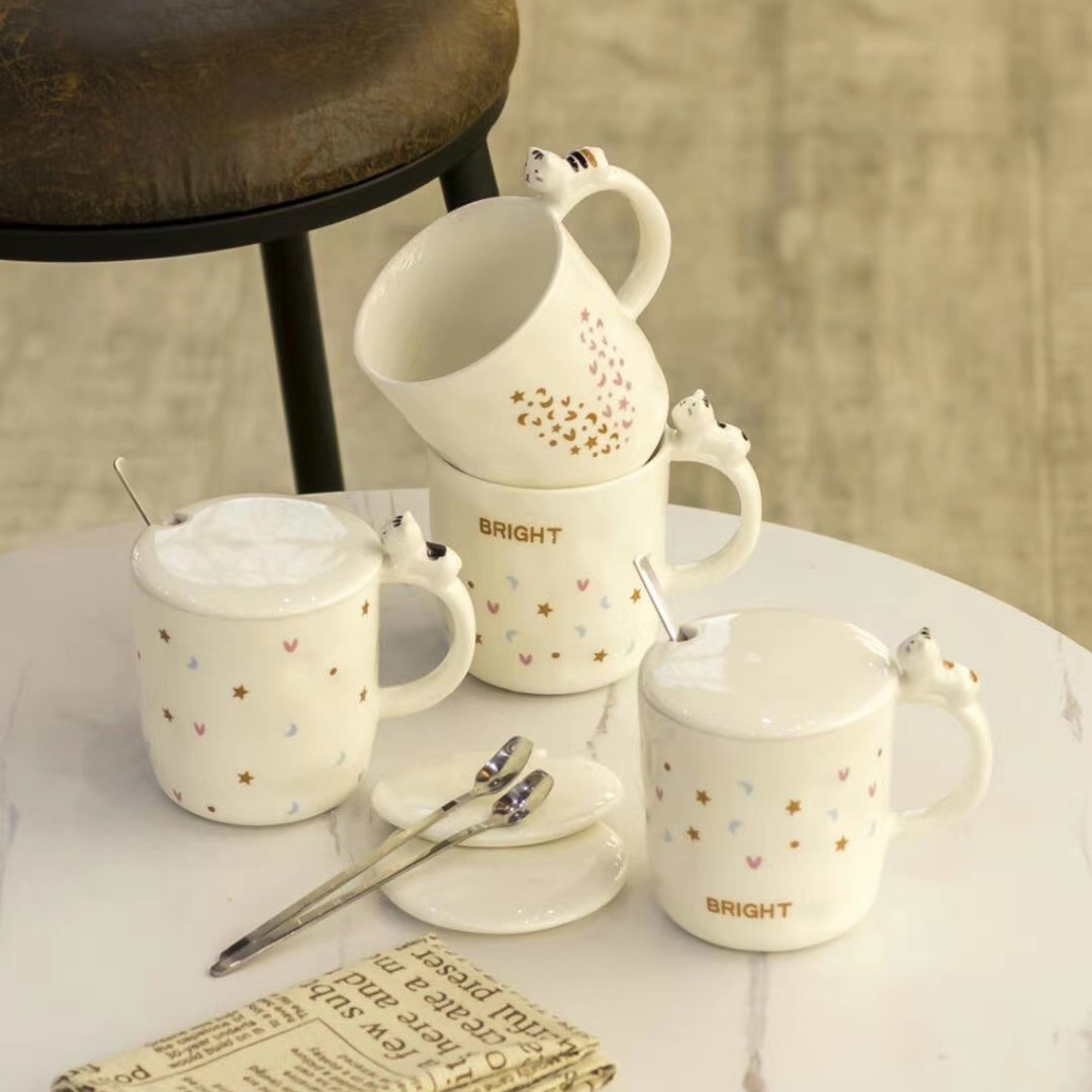 Creativo lindo gatito taza con tapa cuchara en relieve simple estilo japonés de Café cerámica personalizada agua