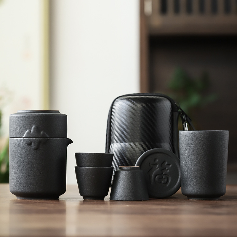 黑陶快客杯一壶三杯旅行茶具套装便携随身过滤泡茶壶茶杯LOGO定制|ms