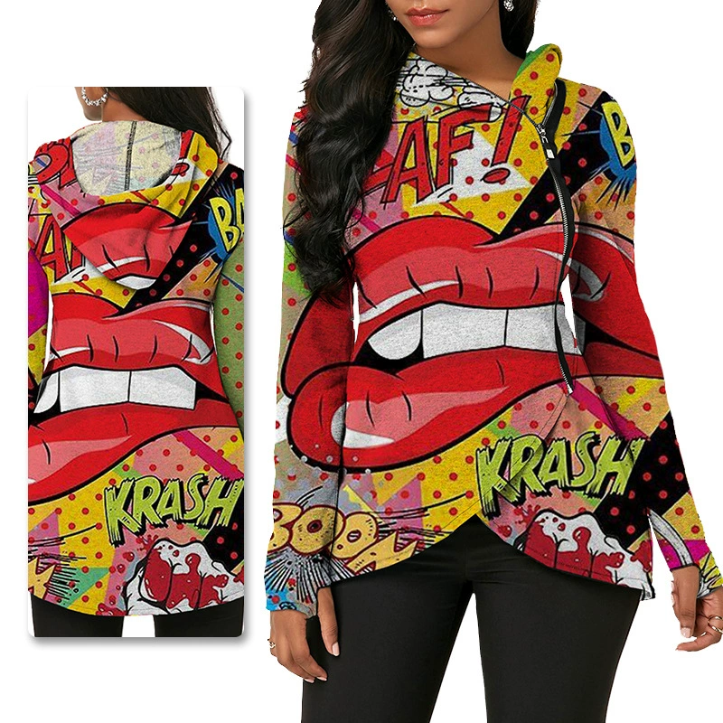 G8058 Европейская и американская женская одежда Amazon Осень Новый кусающий губы нерегулярный свитер с капюшоном на молнии Футболка