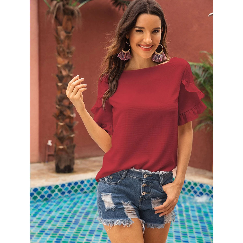 Pure Color Casual Loose Round Neck Ruffle Sleeve T-shirt NSSA39973