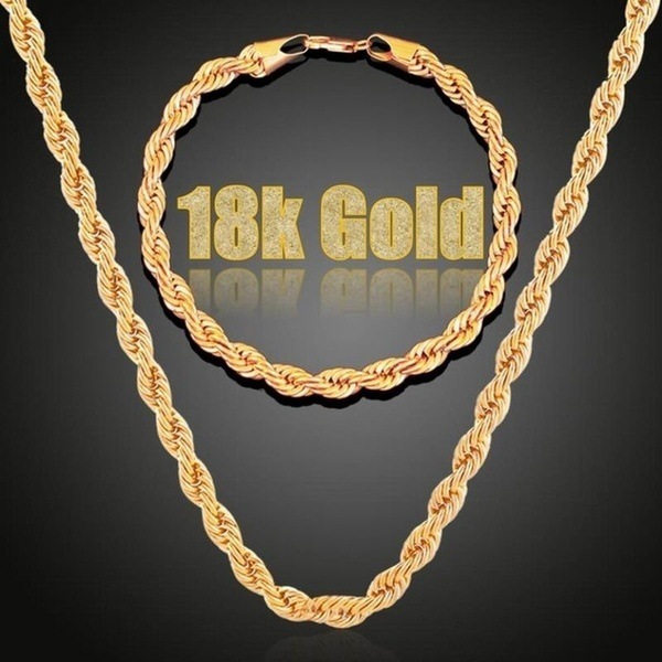 Men's 3mm Set Chain Necklace Bracelet Simple Hip Hop Gold Plated Twisted Rope Chain