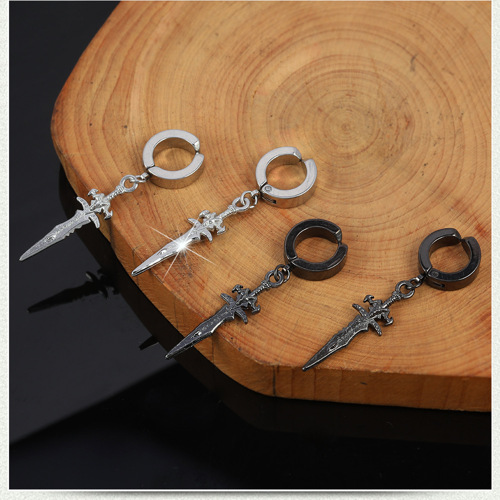 Fashion Men's Titanium Steel Cross Sword Carved Earrings display picture 1