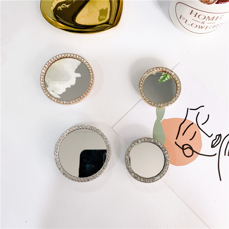 20g Weight Universal Applicable Brands Metal Material Round, Square, Heart Shape Pattern Fashion Style Korean Style Ins Style Diamond-embedded Heart Shape Mirror Airbag Bracket Adhesive Retractable Mobile Phone Bracket Desktop Lazy Bracket 4