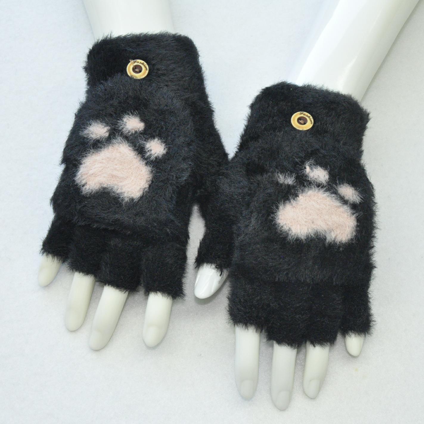 成年人女士學生戶外冬季保暖 加絨加厚 防貂毛針織翻蓋半指手套