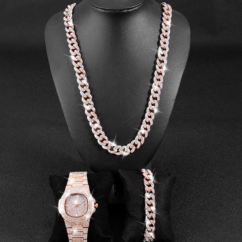 Set di braccialetti per orologio da uomo Set di 3 pezzi di gioielli per orologi stile hip-hop, collana con bracciale per orologio quadrato pieno di diamanti_voghion.com