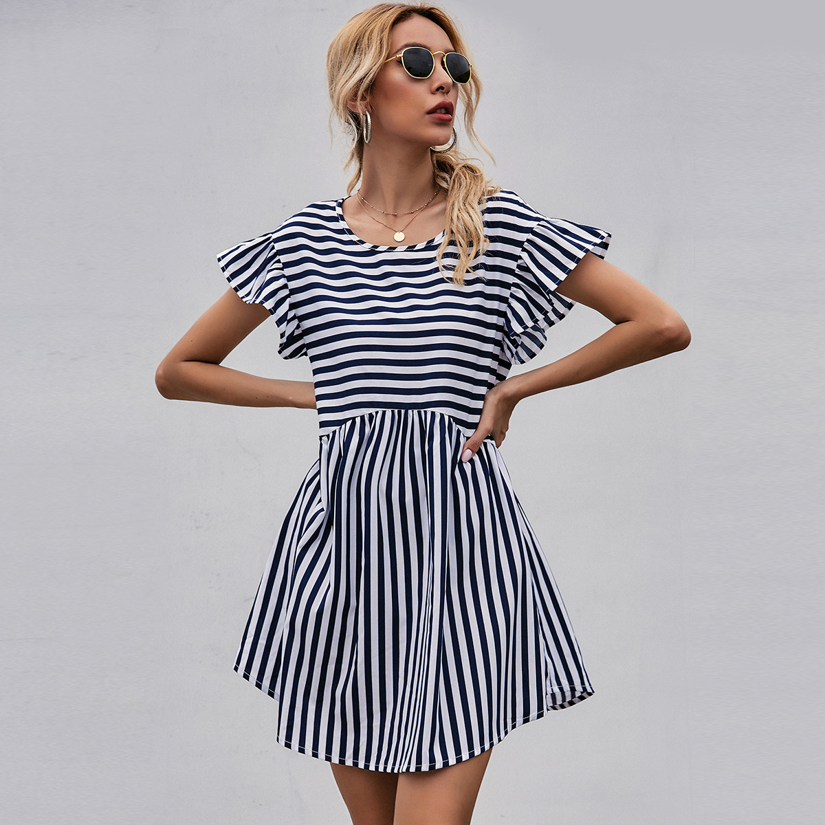 lotus leaf sleeve round neck striped dress  NSGHY46516