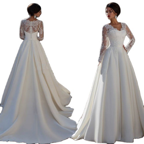 Foreign Trade V Neck Long-Sleeved Wedding Dress 2025 Spring New European Style Simple Trailing Floor Slimming Look Bridal Lace