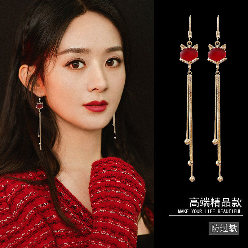 925 silver pin personality fox fringe earrings female temperament Korean long diamond inset senior sense of opal earrings tide
