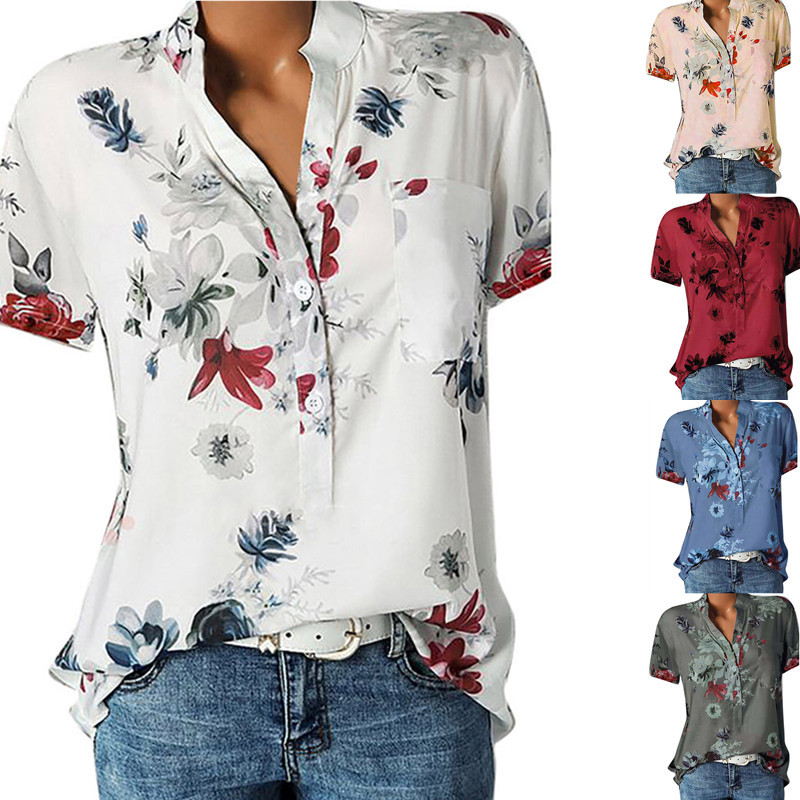 2020 Amazon Wish new summer print V neck short sleeve shirt European women's clothing top