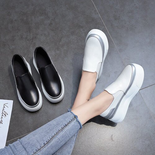 Summer  Popular Thick Sole White Leather Loafers with Invisible Heels 2020 Summer and Autumn Style Korean Version Slip-On Comfort Shoes
