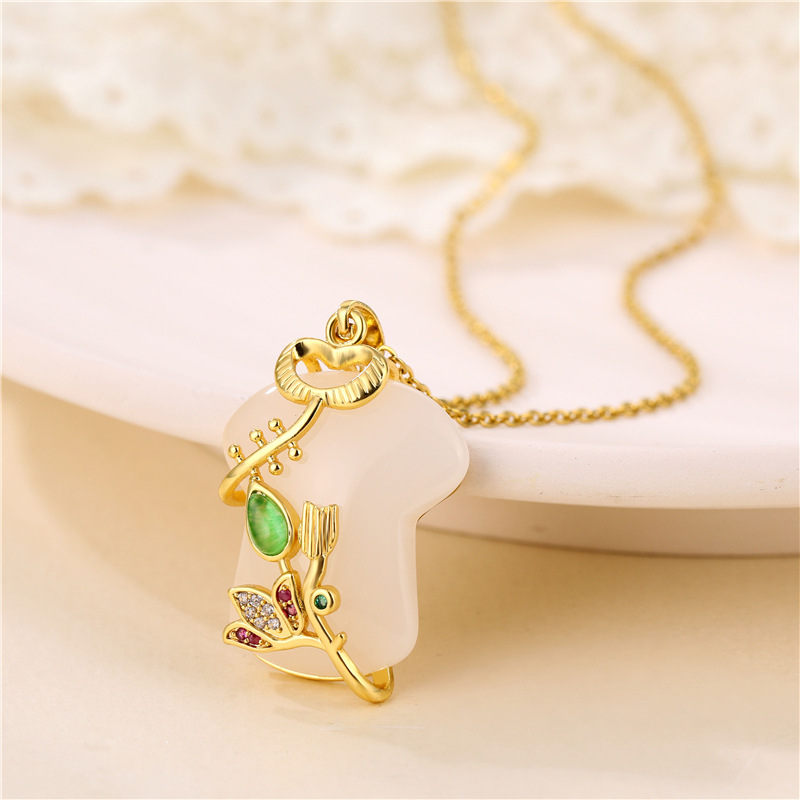 Imitation Hetian Jade Pendant Ancient Gold Inlaid White Jade Cheongsam Opal Necklace display picture 1