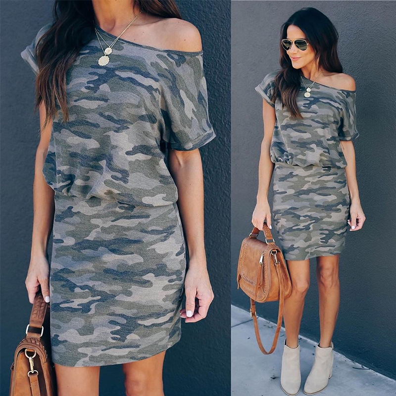 spring and summer casual oblique collar waist camouflage dress  NSKL35523