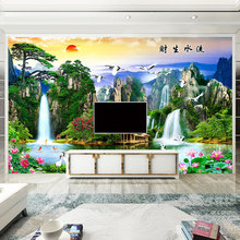 电视背景墙壁纸3D立体山水风景画客厅办公室墙纸中式流水生财壁画