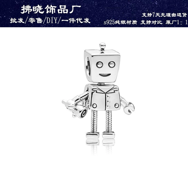 S925, robot, linen bag, beads with beads with accessories, silver 925 sample, DIY