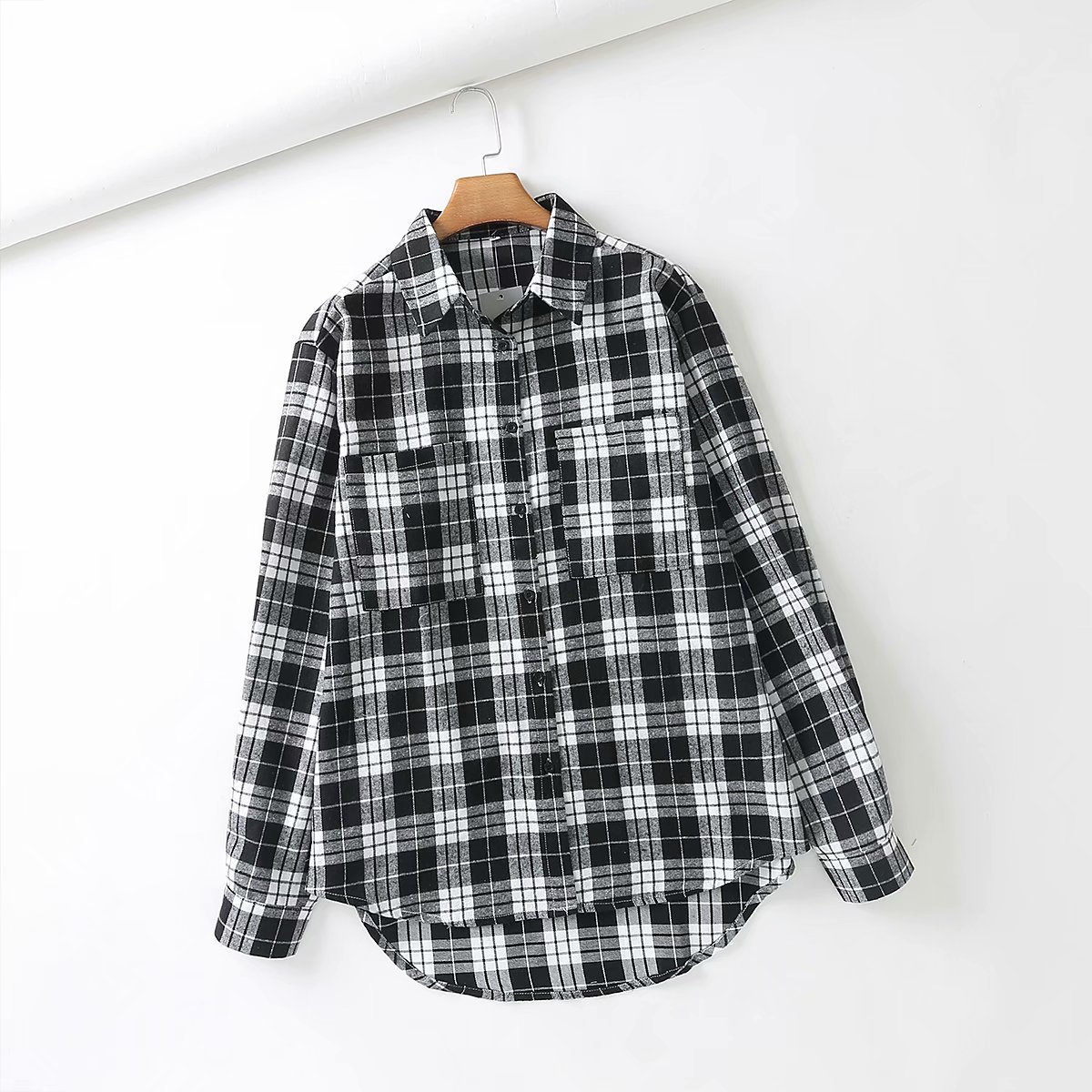 long plaid double pocket blouse  NSAM18721