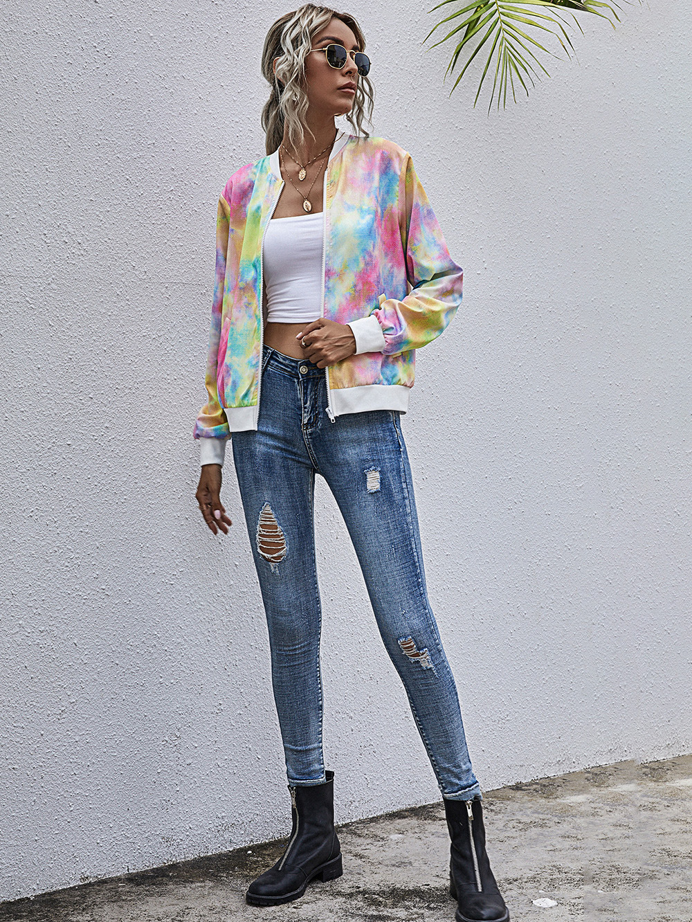 autumn and winter fashion beltless simple digital printing round neck casual tie-dye long-sleeved jacket  NSDF905