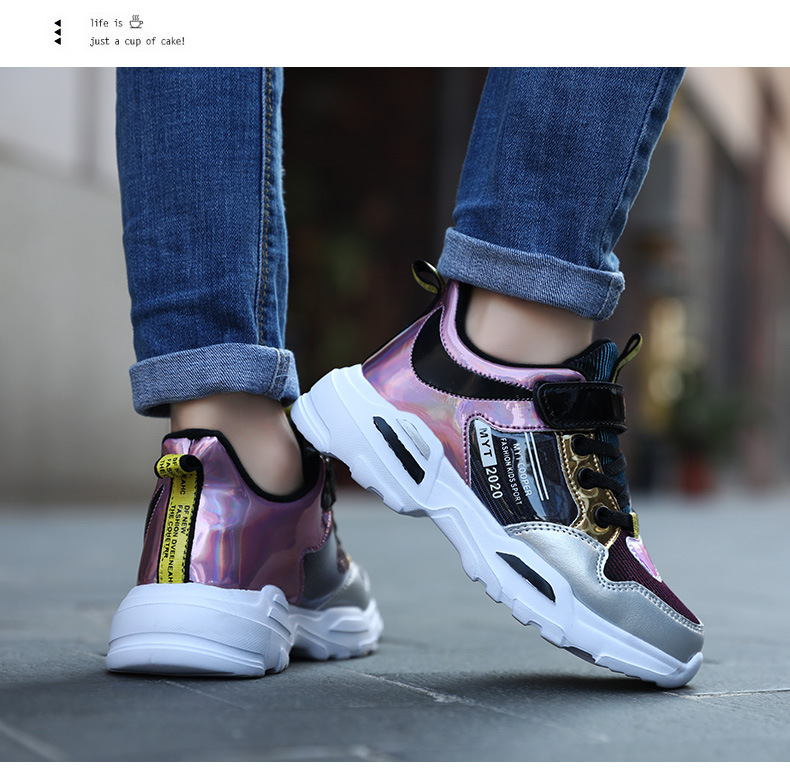 Winter new girls sports shoes laser illusion gradient leather light casual female baby shoespicture10