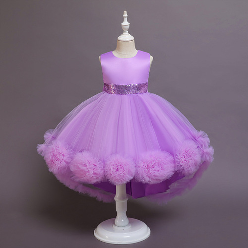 New Women's Children's Dress Princess Dress Net Fabric Flower Puffed Dress with Back Heart and Train for Piano Performance