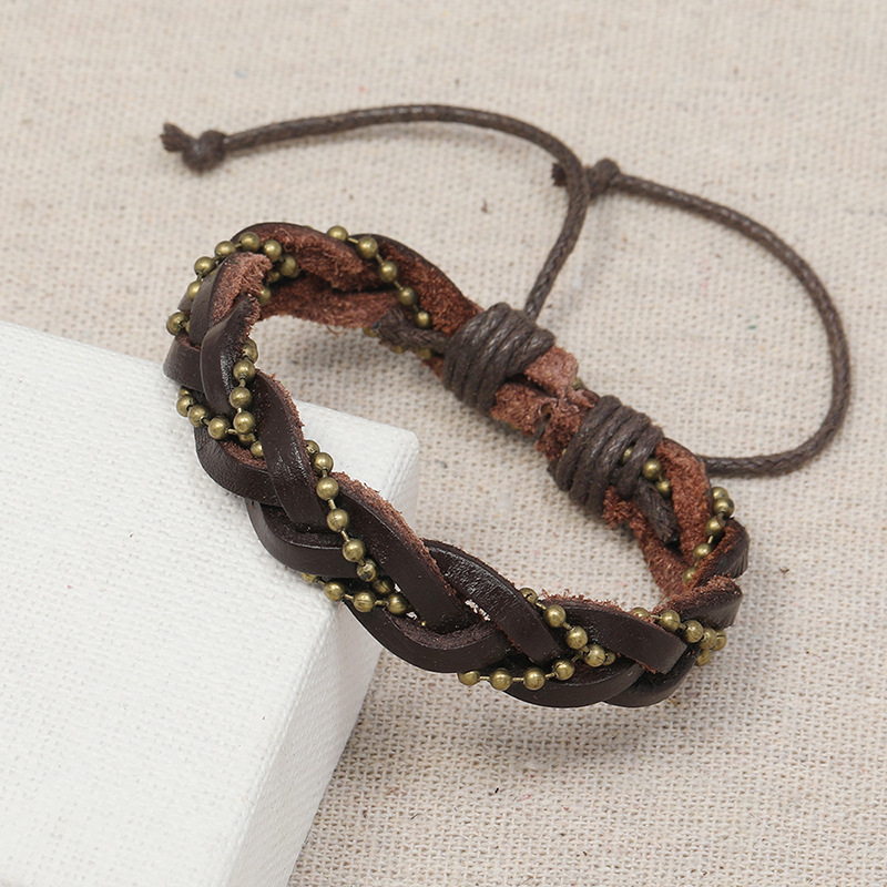 Retro  Woven Bead Chain Cowhide Bracelet display picture 1