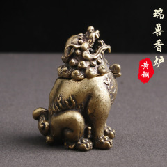 黃銅做舊仿古玩坐姿朝天吼檀香香薰爐招財瑞獸家居桌面擺件老銅器