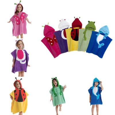 跨境亚马逊爆款纯棉吸水儿童套头浴袍全棉刺绣割绒可穿浴巾沙滩巾|ru