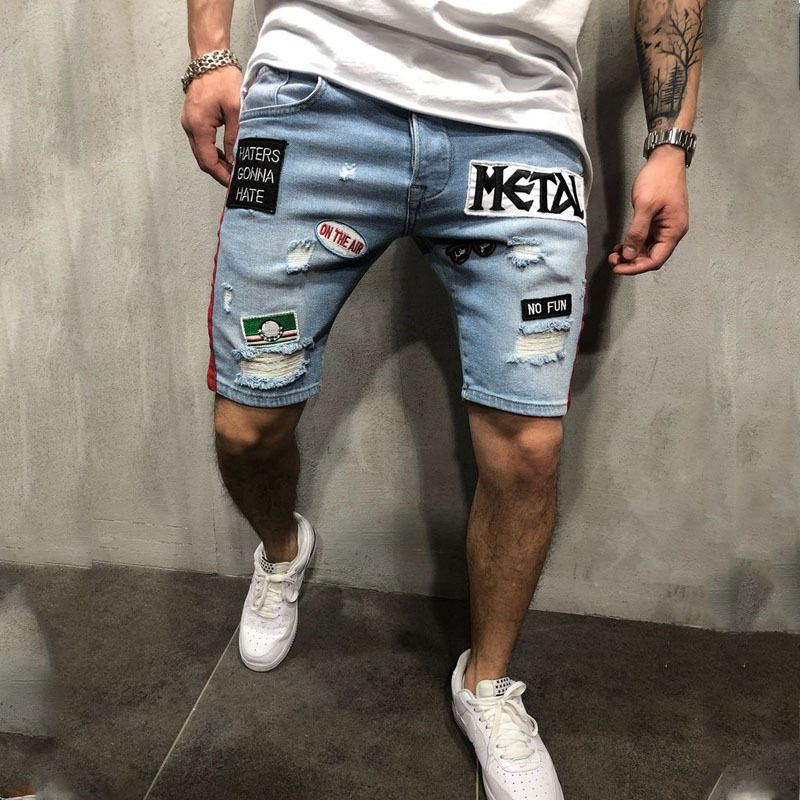 Foreign trade summer explosion men's fashion denim hole embroidered label shorts Europe and the United States loose straight jeans 9 Foreign trade summer explosion men's fashion denim hole embroidered label shorts Europe and the United States loose straight jeans 2