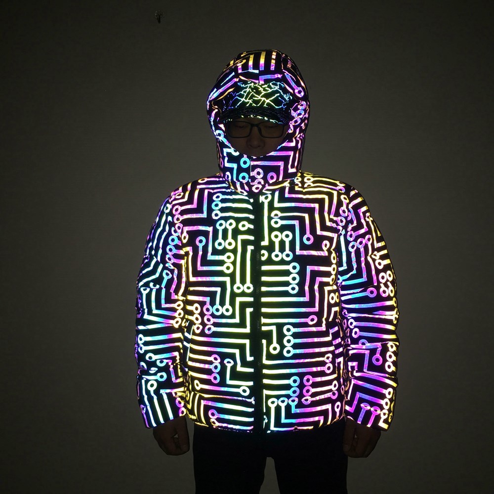 Herrenbekleidung bunter reflektierender Baumwollmantel mit abnehmbarer Kapuze und Baumwollmantel für Männer und Frauen_voghion.com