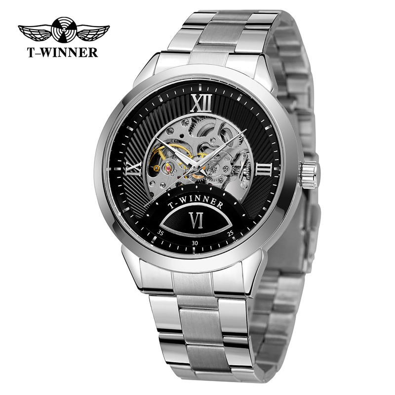 Winner8183 reloj mecánico automático para hombres reloj mecánico de negocios correa de acero reloj mecánico de fondo transparente hueco
