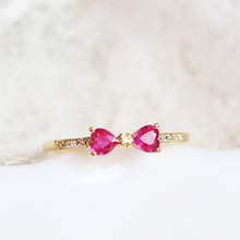 新款wish歐美紅寶石鑲鑽指環 14K黃金 蝴蝶結紅水晶求婚戒指 飾品