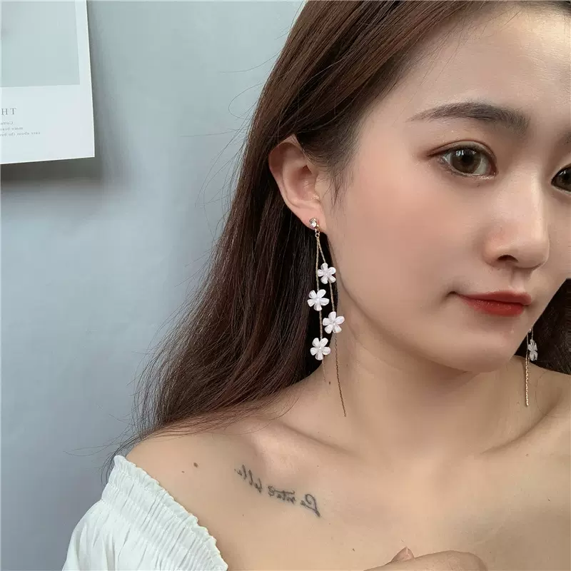 显脸瘦长款流苏款耳饰925银针花朵耳钉时尚网红百搭耳坠耳环耳夹