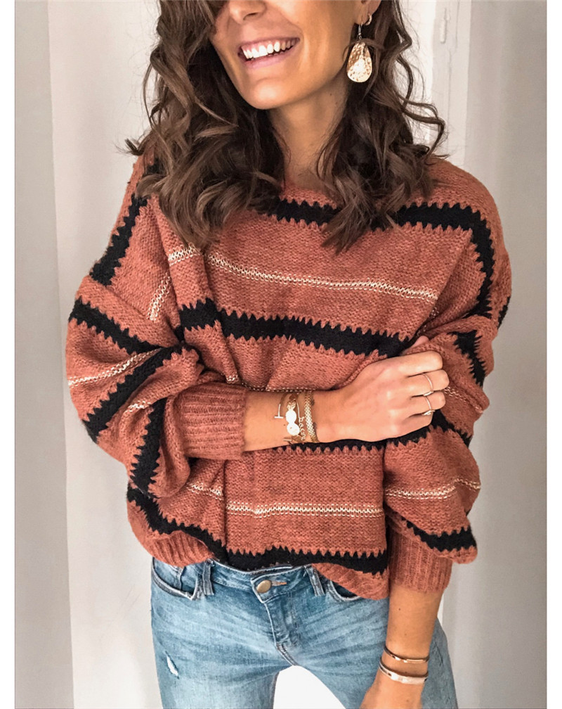 stitching metal striped loose pullover sweater  NSBTY62697